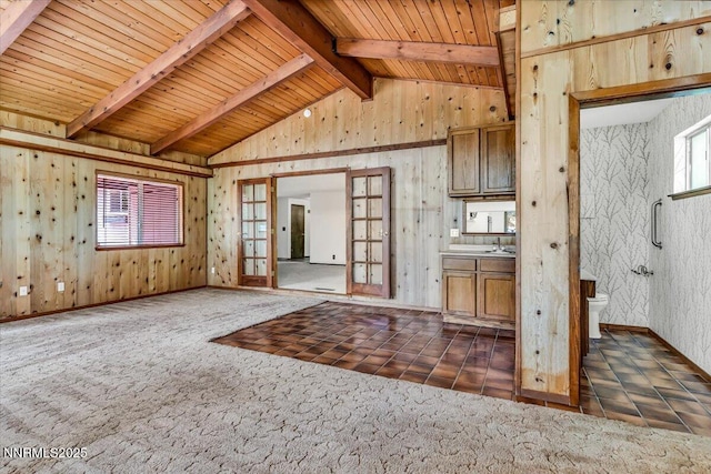 1809 Franklin Rd, Carson City, NV 89706 - interior space featuring french doors, a sink, wood ceiling, carpet flooring, and wooden walls