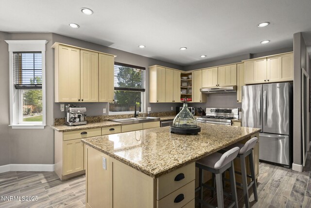 3128 Wild Iris Ct, Sparks, NV 89436 - kitchen featuring appliances with stainless steel finishes, under cabinet range hood, recessed lighting, light wood-type flooring, and a center island