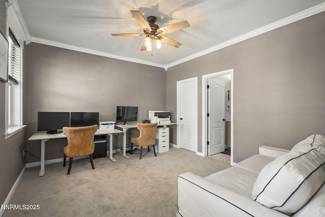 3128 Wild Iris Ct, Sparks, NV 89436 - carpeted home office with ornamental molding, a ceiling fan, and plenty of natural light