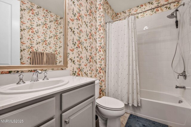 2222 Nasrullah Ln, Reno, NV 89521 - bathroom featuring wallpapered walls, vanity, and shower / bath combination with curtain