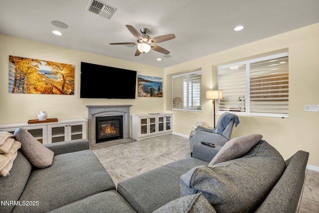 2222 Nasrullah Ln, Reno, NV 89521 - living room with ceiling fan, recessed lighting, and a fireplace