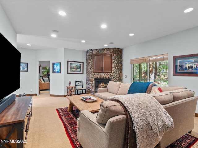275 Deer Ct, Incline Village, NV 89451 - living room featuring light carpet, a fireplace, and recessed lighting