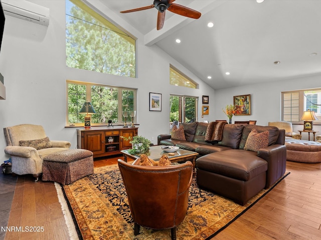 275 Deer Ct, Incline Village, NV 89451 - living room featuring a wall unit AC, high vaulted ceiling, beamed ceiling, recessed lighting, and ceiling fan