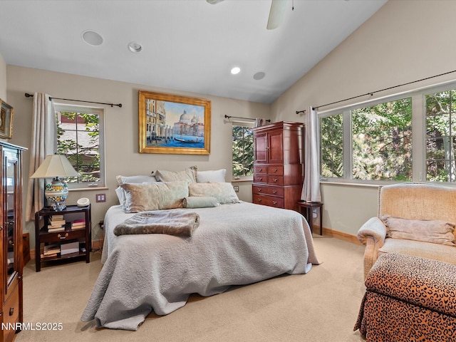 275 Deer Ct, Incline Village, NV 89451 - bedroom featuring light colored carpet, lofted ceiling, a ceiling fan, and recessed lighting