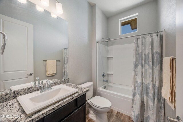 698 Raptor Way, Fernley, NV 89408 - full bathroom featuring shower / bathtub combination with curtain, vanity, and wood finished floors