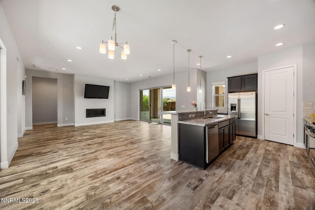 698 Raptor Way, Fernley, NV 89408 - kitchen with stainless steel appliances, light wood finished floors, pendant lighting, recessed lighting, and a chandelier