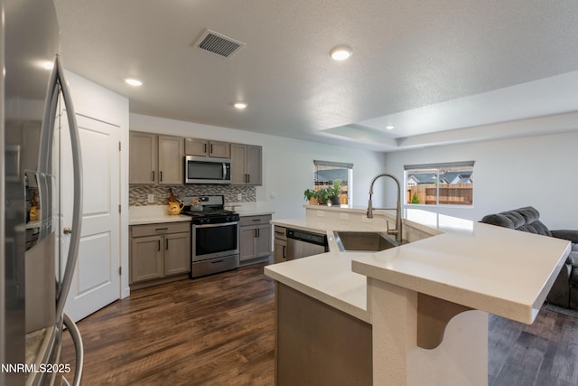 102 Halite Dr, Dayton, NV 89403 - kitchen with stainless steel appliances, dark wood-style flooring, tasteful backsplash, light countertops, and open floor plan
