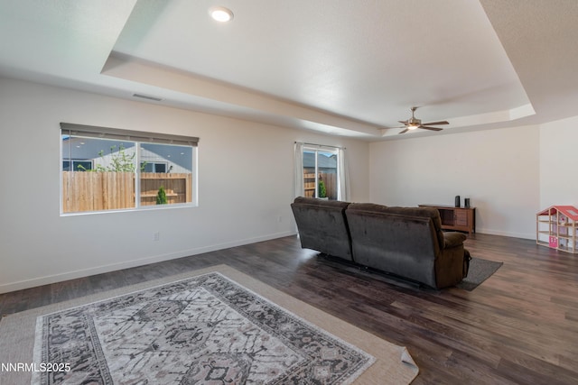 102 Halite Dr, Dayton, NV 89403 - living room featuring a tray ceiling, plenty of natural light, ceiling fan, and wood finished floors