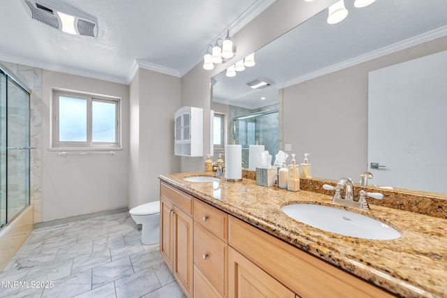 1401 Jefferson Dr, Carson City, NV 89706 - full bath with marble look tile flooring, double vanity, ornamental molding, and combined bath / shower with glass door