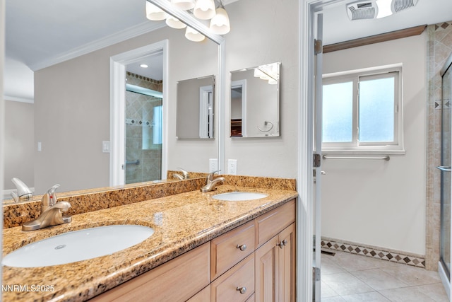 1401 Jefferson Dr, Carson City, NV 89706 - full bath featuring crown molding, a shower stall, double vanity, and tile patterned flooring