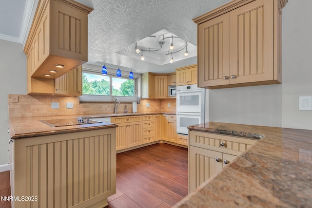 1401 Jefferson Dr, Carson City, NV 89706 - kitchen featuring double oven, dark wood-type flooring, tasteful backsplash, light stone countertops, and black electric stovetop