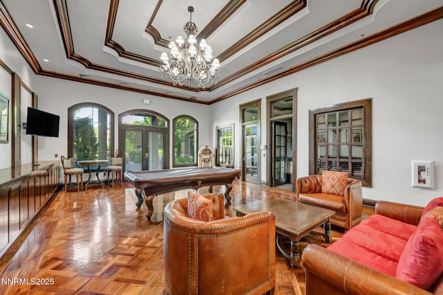 9900 Wilbur May Pkwy Apt 5102, Reno, NV 89521 - rec room featuring billiards, crown molding, a chandelier, a tray ceiling, and recessed lighting