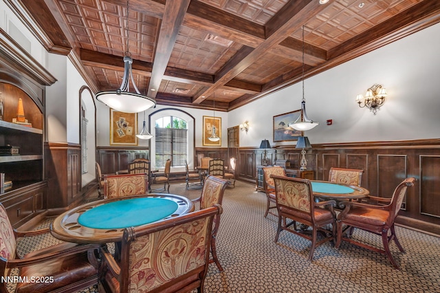 9900 Wilbur May Pkwy Apt 5102, Reno, NV 89521 - game room featuring beam ceiling, a wainscoted wall, carpet flooring, coffered ceiling, and a decorative wall