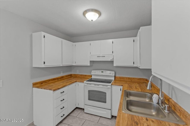 2090 Highview Ct Unit 7, Reno, NV 89512 - kitchen with electric range, under cabinet range hood, white cabinets, light tile patterned flooring, and light countertops
