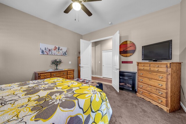 4883 Brunello Dr, Sparks, NV 89436 - bedroom with carpet, a ceiling fan, and a glass covered fireplace