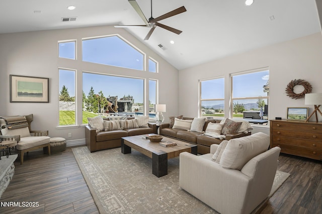 5427 Salmon River Ct, Reno, NV 89511 - living area with a ceiling fan, wood finished floors, healthy amount of natural light, high vaulted ceiling, and recessed lighting