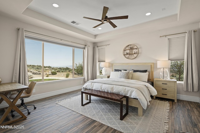5427 Salmon River Ct, Reno, NV 89511 - bedroom featuring a tray ceiling, multiple windows, recessed lighting, wood finished floors, and ceiling fan