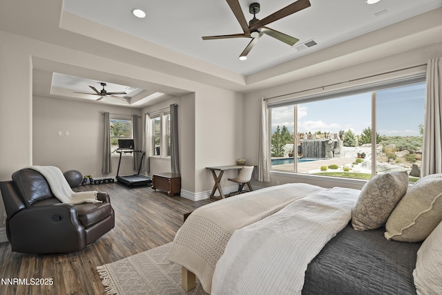 5427 Salmon River Ct, Reno, NV 89511 - bedroom with a raised ceiling, dark wood finished floors, ceiling fan, and recessed lighting