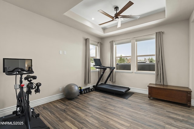 5427 Salmon River Ct, Reno, NV 89511 - workout area featuring a tray ceiling, a ceiling fan, wood finished floors, and recessed lighting