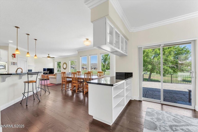 1636 Robb Dr, Carson City, NV 89703 - kitchen with a fireplace, open shelves, crown molding, and plenty of natural light