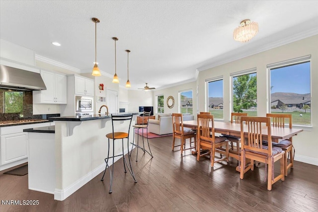 1636 Robb Dr, Carson City, NV 89703 - kitchen with crown molding, stainless steel appliances, wall chimney exhaust hood, dark countertops, and an island with sink