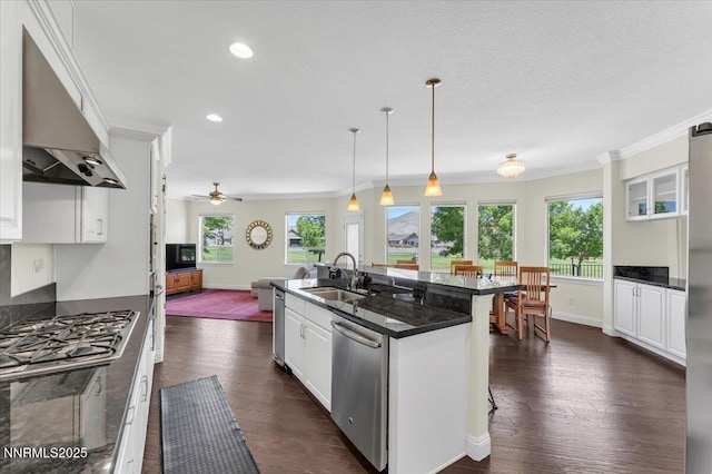 1636 Robb Dr, Carson City, NV 89703 - kitchen featuring stainless steel dishwasher, extractor fan, ornamental molding, a ceiling fan, and white cabinets