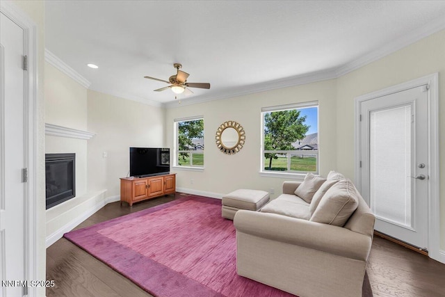 1636 Robb Dr, Carson City, NV 89703 - living area featuring ornamental molding, dark wood-type flooring, a glass covered fireplace, a ceiling fan, and recessed lighting