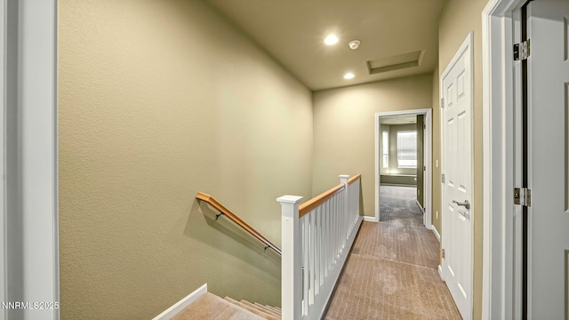 225 Gramercy Ln, Reno, NV 89509 - hallway with an upstairs landing, attic access, a textured wall, carpet floors, and recessed lighting