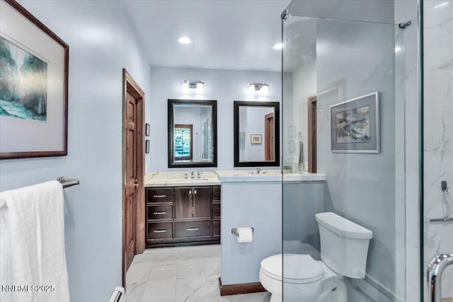 1263 Hidden Woods Dr, Zephyr Cove, NV 89413 - full bathroom with marble finish floors, vanity, recessed lighting, and a baseboard heating unit