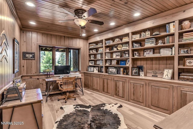 1263 Hidden Woods Dr, Zephyr Cove, NV 89413 - office with wooden walls, wooden ceiling, light wood-style flooring, ceiling fan, and ornamental molding