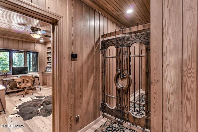 1263 Hidden Woods Dr, Zephyr Cove, NV 89413 - detailed view of wooden walls, an office area, wooden ceiling, a ceiling fan, and wood finished floors