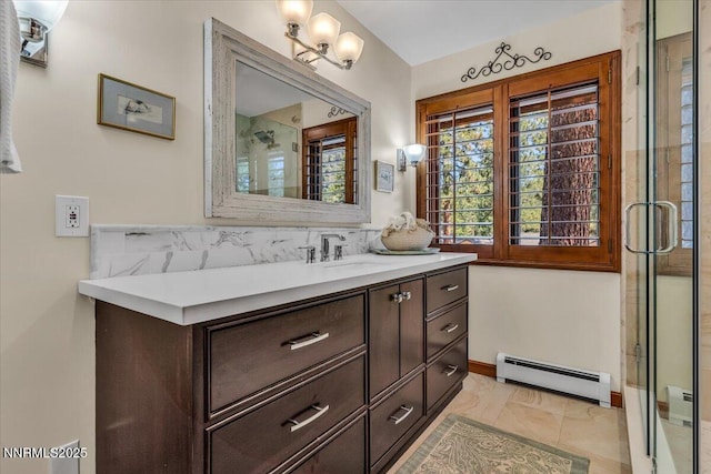1263 Hidden Woods Dr, Zephyr Cove, NV 89413 - full bath with a baseboard heating unit, vanity, and a stall shower