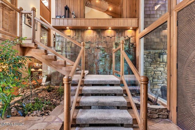 1263 Hidden Woods Dr, Zephyr Cove, NV 89413 - staircase with high vaulted ceiling