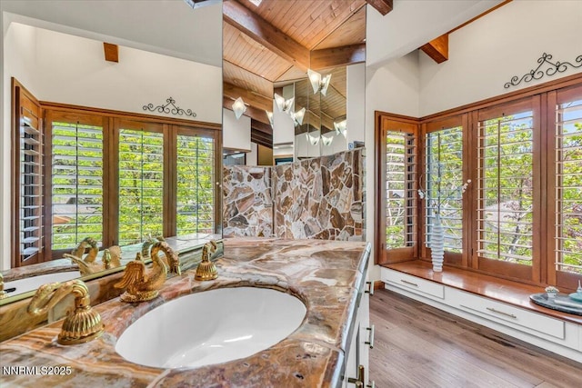 1263 Hidden Woods Dr, Zephyr Cove, NV 89413 - bathroom featuring vanity, wood finished floors, and wooden ceiling