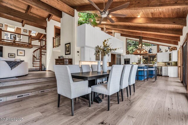 1263 Hidden Woods Dr, Zephyr Cove, NV 89413 - dining space with a wooden ceiling with exposed beams, stairs, light wood-style floors, a ceiling fan, and high vaulted ceiling