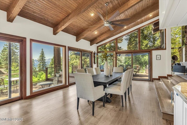 1263 Hidden Woods Dr, Zephyr Cove, NV 89413 - sunroom featuring a wooden ceiling with exposed beams, hardwood / wood-style flooring, and high vaulted ceiling