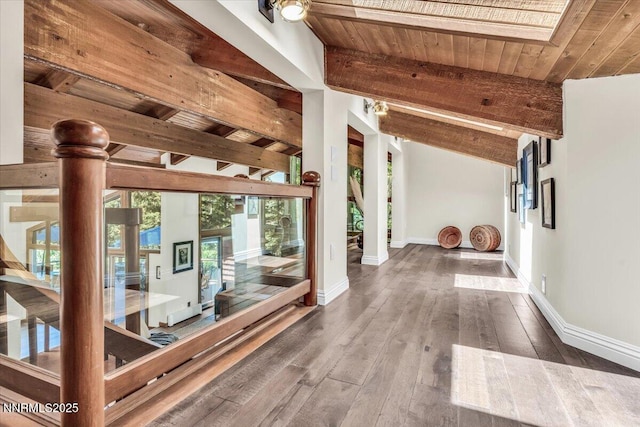 1263 Hidden Woods Dr, Zephyr Cove, NV 89413 - hallway with hardwood / wood-style flooring and a wooden ceiling with exposed beams