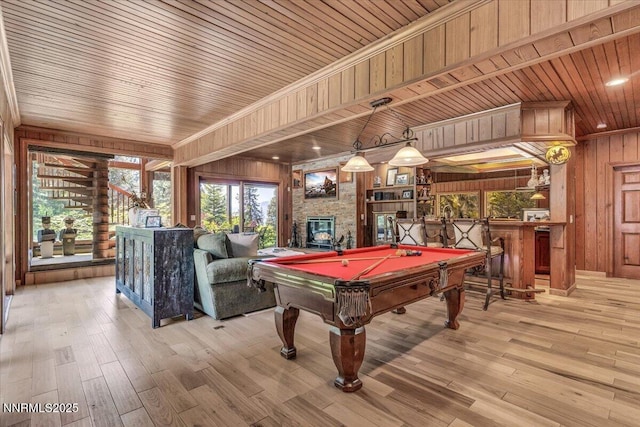 1263 Hidden Woods Dr, Zephyr Cove, NV 89413 - recreation room featuring wood walls, pool table, wooden ceiling, hardwood / wood-style floors, and a fireplace
