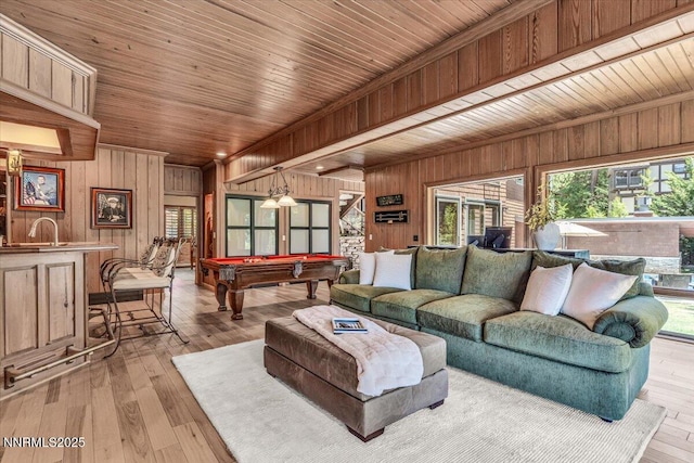 1263 Hidden Woods Dr, Zephyr Cove, NV 89413 - living area featuring wooden walls, billiards table, light wood finished floors, and wooden ceiling