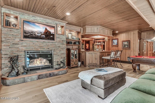 1263 Hidden Woods Dr, Zephyr Cove, NV 89413 - living room featuring wood ceiling, a dry bar, billiards, wooden walls, and wood finished floors