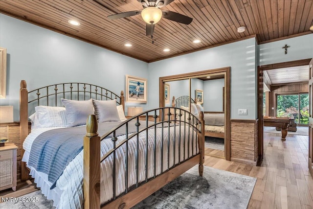 1263 Hidden Woods Dr, Zephyr Cove, NV 89413 - bedroom with wooden ceiling, hardwood / wood-style floors, billiards, recessed lighting, and ceiling fan