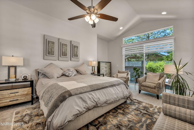 6161 Wycliffe Cir, Reno, NV 89519 - bedroom with access to outside, carpet flooring, high vaulted ceiling, a ceiling fan, and recessed lighting