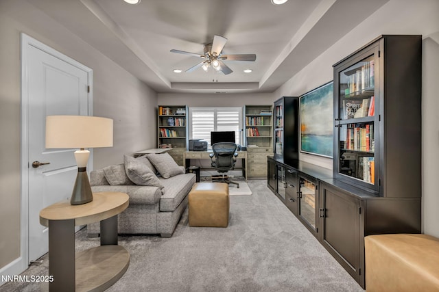 6161 Wycliffe Cir, Reno, NV 89519 - carpeted living room with ceiling fan, a desk, a raised ceiling, and recessed lighting
