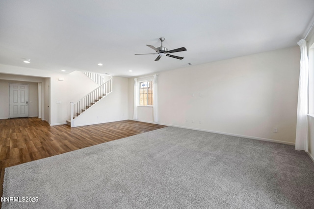 14144 American Pillar Ct, Reno, NV 89511 - unfurnished living room with stairway, ceiling fan, recessed lighting, carpet, and wood finished floors