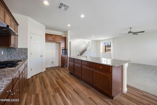 14144 American Pillar Ct, Reno, NV 89511 - kitchen featuring stainless steel gas stovetop, a kitchen island, dark wood-style floors, open floor plan, and a ceiling fan