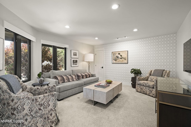 10594 Dixon Ln, Reno, NV 89511 - living room featuring recessed lighting, carpet, and wallpapered walls