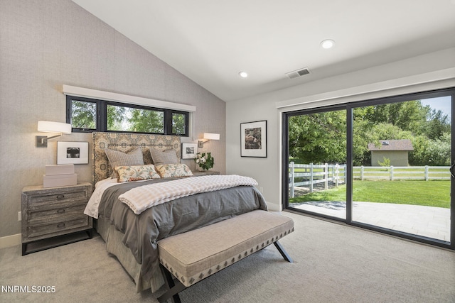 10594 Dixon Ln, Reno, NV 89511 - carpeted bedroom with access to exterior, multiple windows, high vaulted ceiling, and recessed lighting