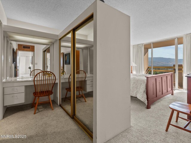 100 N Arlington Ave Unit 20J, Reno, NV 89501 - hallway featuring a textured ceiling, carpet flooring, a mountain view, and a desk