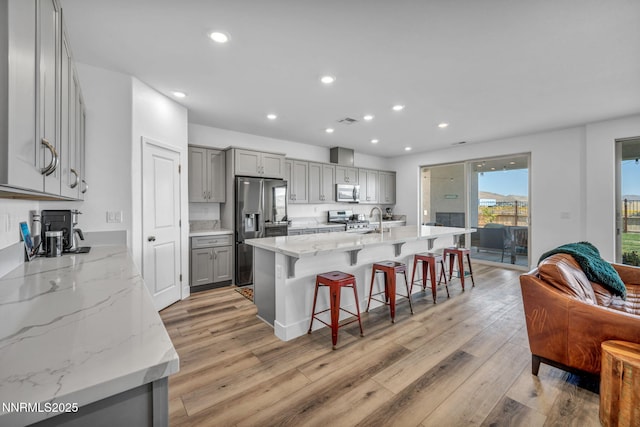 1250 Hubble Ln, Carson City, NV 89705 - kitchen featuring gray cabinetry, stainless steel appliances, light wood-style flooring, and recessed lighting