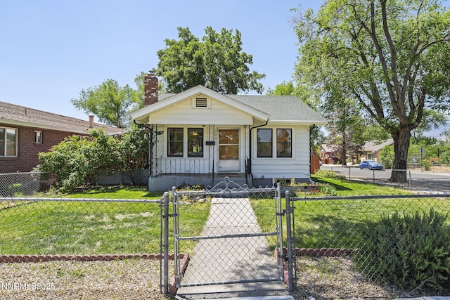 704 Roberts St, Reno, NV 89502 - view of front of property featuring a gate, a fenced front yard, a chimney, and covered porch
